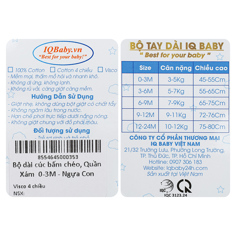 Bộ tay dài cúc bấm chéo quần xám in ngựa con IQ Baby màu trắng 15