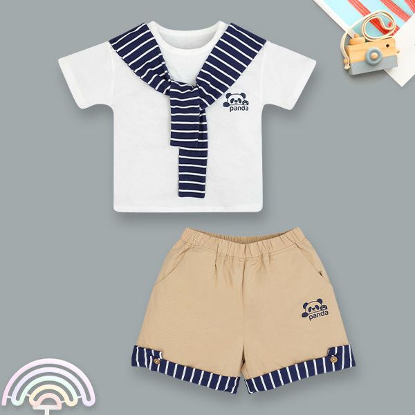Bộ bé trai Pony Kids cotton trắng - nâu