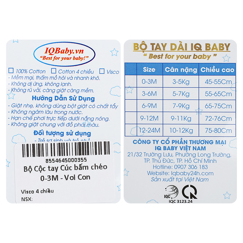 Bộ tay ngắn cúc bấm chéo in voi con IQ Baby màu trắng 12