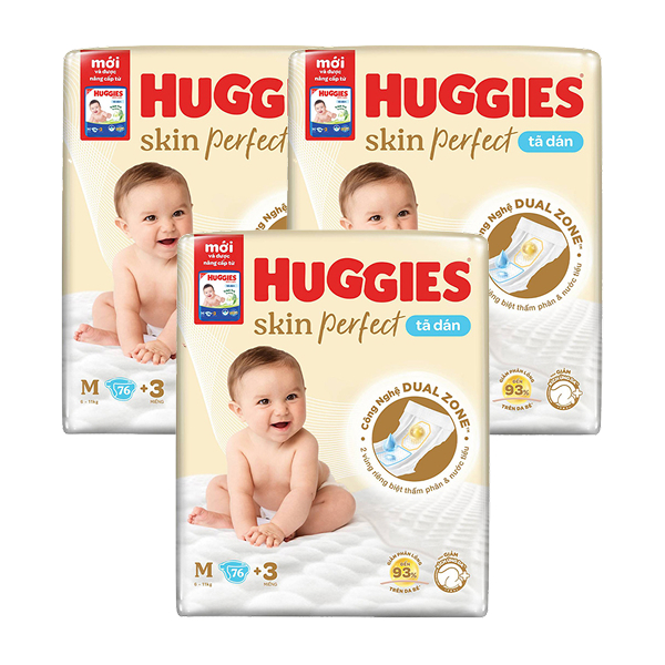 Combo 3 tã dán Huggies Skin Perfect size M 76 + 3 miếng/bịch (6 - 11 kg) - Giao bao bì cộng miếng ngẫu nhiên