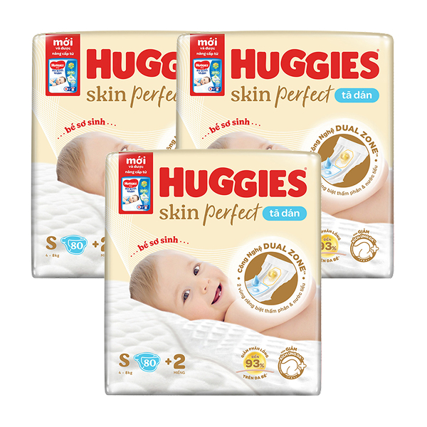 Combo 3 tã dán Huggies Skin Perfect size S 80 + 2 miếng/bịch (4 - 8 kg) - Giao bao bì cộng miếng ngẫu nhiên
