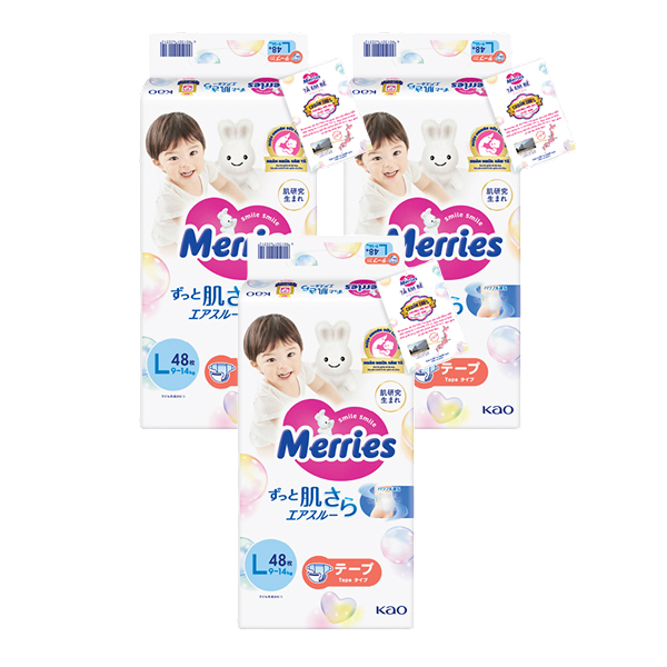 Combo 3 tã dán Merries size L 48 miếng/bịch (9 - 14 kg) - Mẫu mới