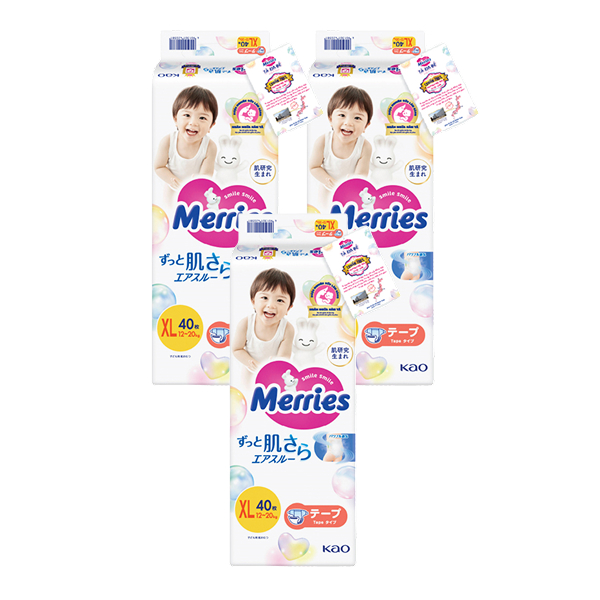 Combo 3 tã dán Merries size XL 40 miếng/bịch (12 - 20 kg) - Mẫu mới
