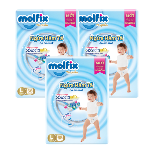 Combo 3 tã quần Molfix Oxy size L 68 miếng/bịch (9 - 13 kg)