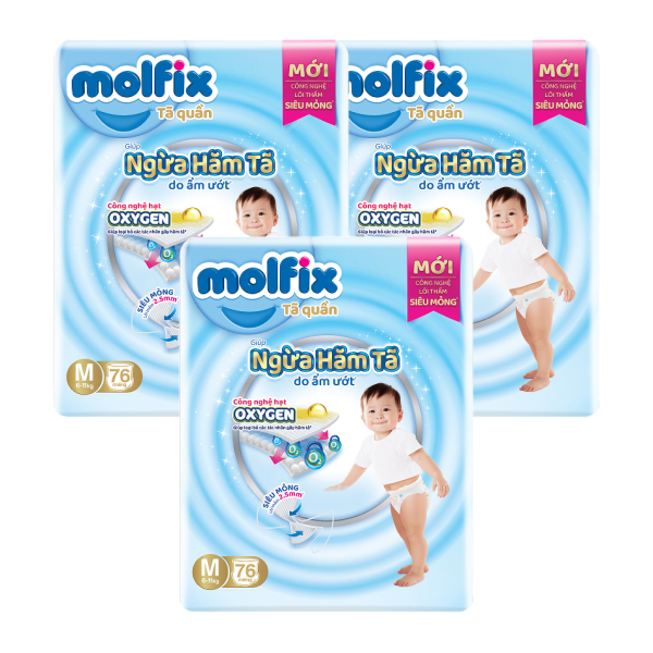 Combo 3 tã quần Molfix Oxy size M 76 miếng/bịch (6 - 11 kg)