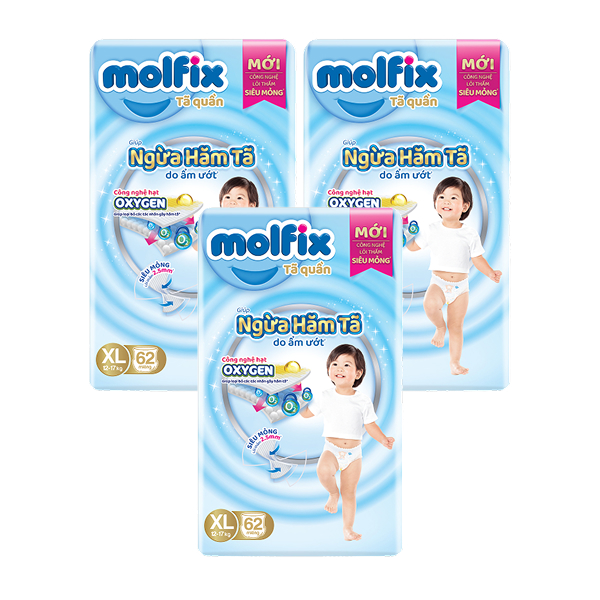 Combo 3 tã quần Molfix Oxy size XL 62 miếng/bịch (12 - 17 kg)