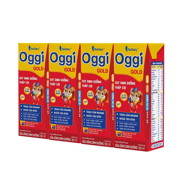 Lốc 4 hộp sữa pha sẵn Oggi Gold 180 ml cho trẻ suy dinh dưỡng (từ 1 tuổi)