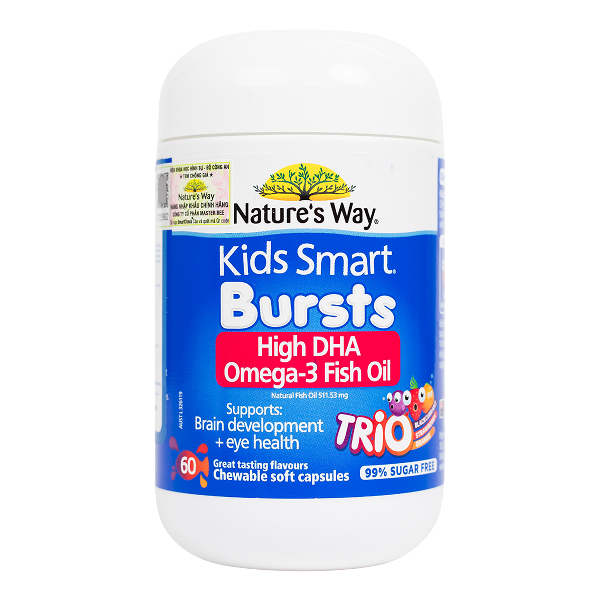Natures Way Kids Smart Omega-3 Fish Oil Trio phát triển não bộ, thị lực hương cam dâu nho, 60 viên dạng viên (từ 1 tuổi)