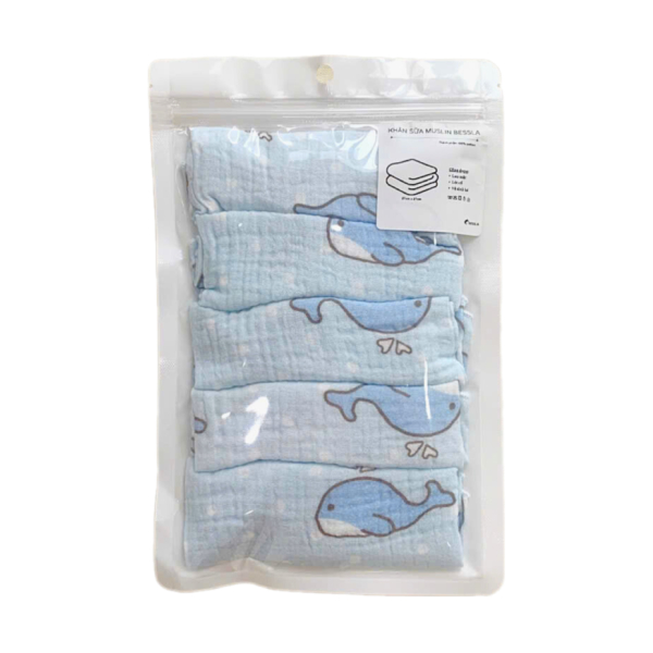 Set 5 cái khăn sữa muslin Bessla 2 lớp 27x27 cm - Mẫu ngẫu nhiên