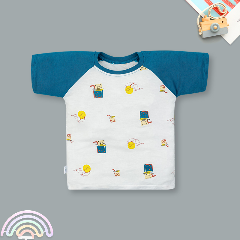 Bộ tay ngắn bé trai IQ Baby raplan in gấu màu xanh 2