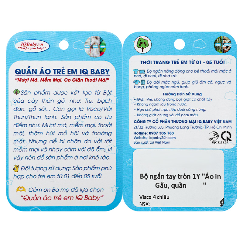Bộ tay ngắn bé trai IQ Baby in gấu màu xanh 13