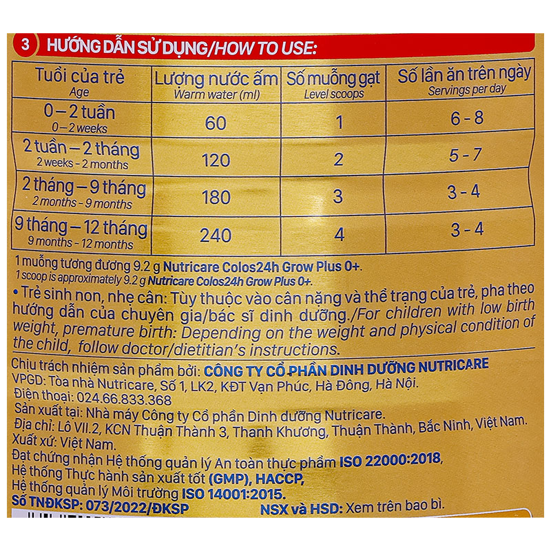 Sữa bột Nutricare Colos 24h Grow Plus 0+ 800g (0 - 1 tuổi) 8