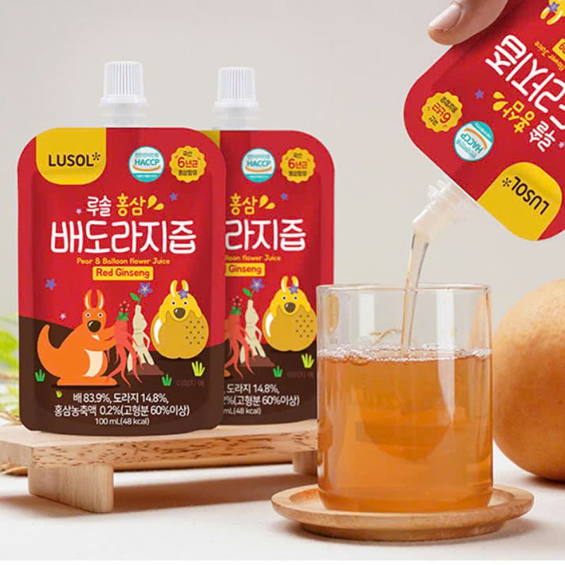 Combo 5 túi nước trái cây Lusol hồng sâm vị lê, hoa chuông đen 100 ml (từ 1 tuổi) 8