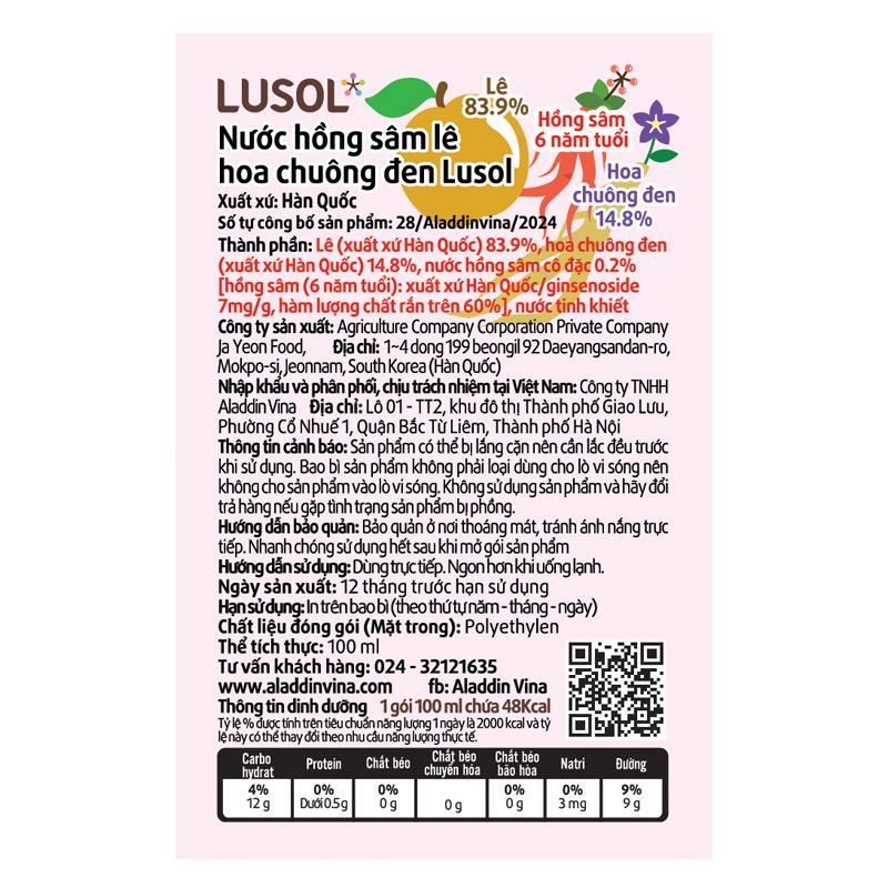 Combo 5 túi nước trái cây Lusol hồng sâm vị lê, hoa chuông đen 100 ml (từ 1 tuổi) 9