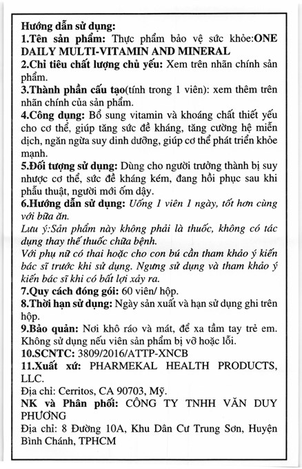 Combo 4 hộp One Daily Multivitamin Pharmekal hỗ trợ giúp bổ sung vitamin và khoáng chất hộp 60 viên