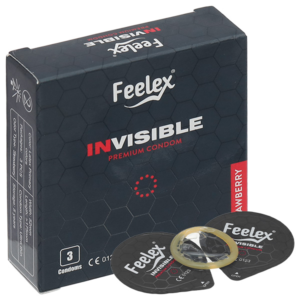 Bao cao su Feelex Invisible hương dâu, siêu mỏng 52mm hộp 3 cái