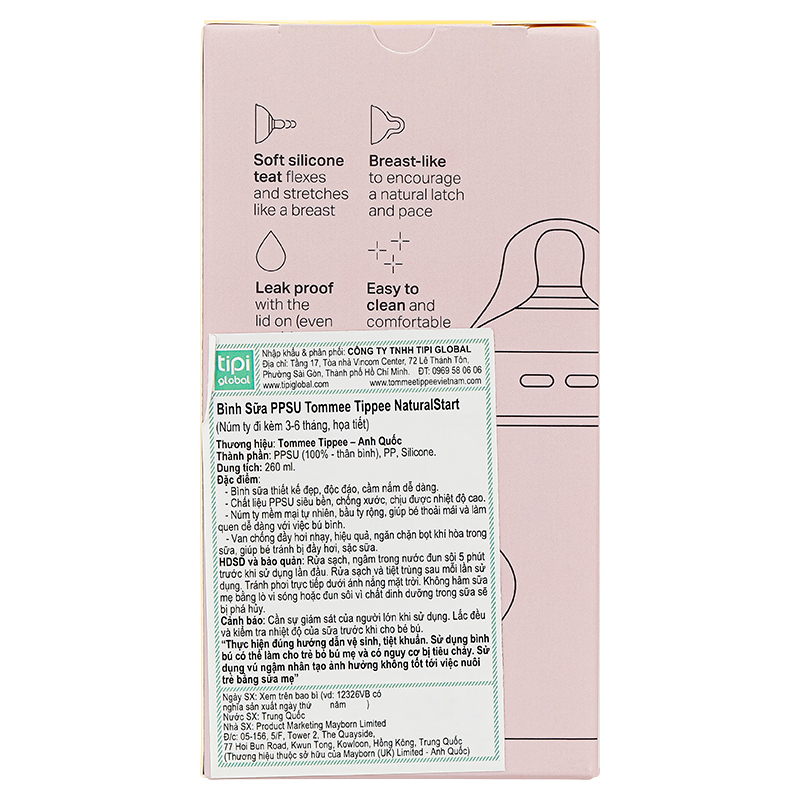 Bình sữa nhựa PPSU Tommee Tippee Natural Start cổ rộng 260 ml (3 - 6 tháng) - Họa tiết hồng 52