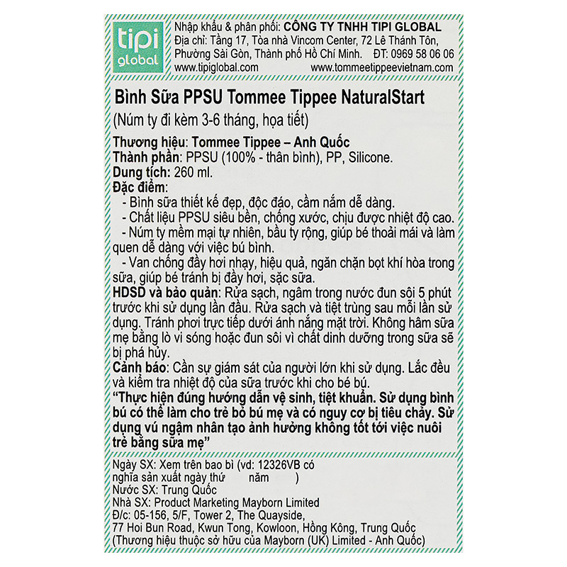 Bình sữa nhựa PPSU Tommee Tippee Natural Start cổ rộng 260 ml (3 - 6 tháng) - Họa tiết hồng 55