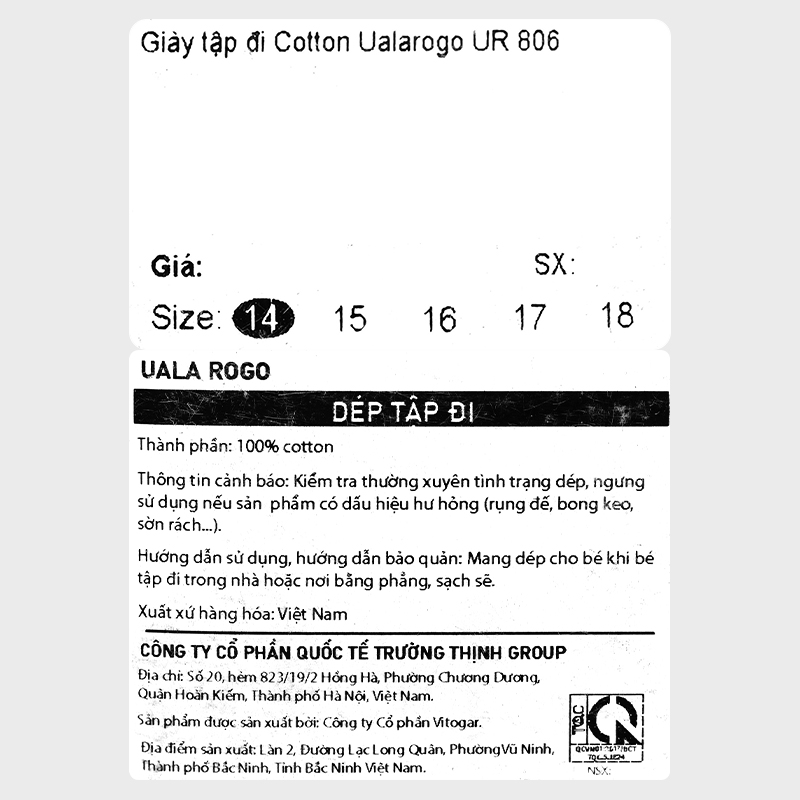 Giày tập đi cho bé Cotton Ualarogo UR806 màu nâu 20