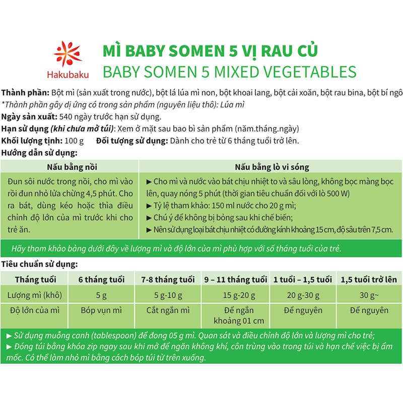 Mì somen ăn dặm 5 vị ngũ cốc Hakubaku 100g (từ 6 tháng) 17
