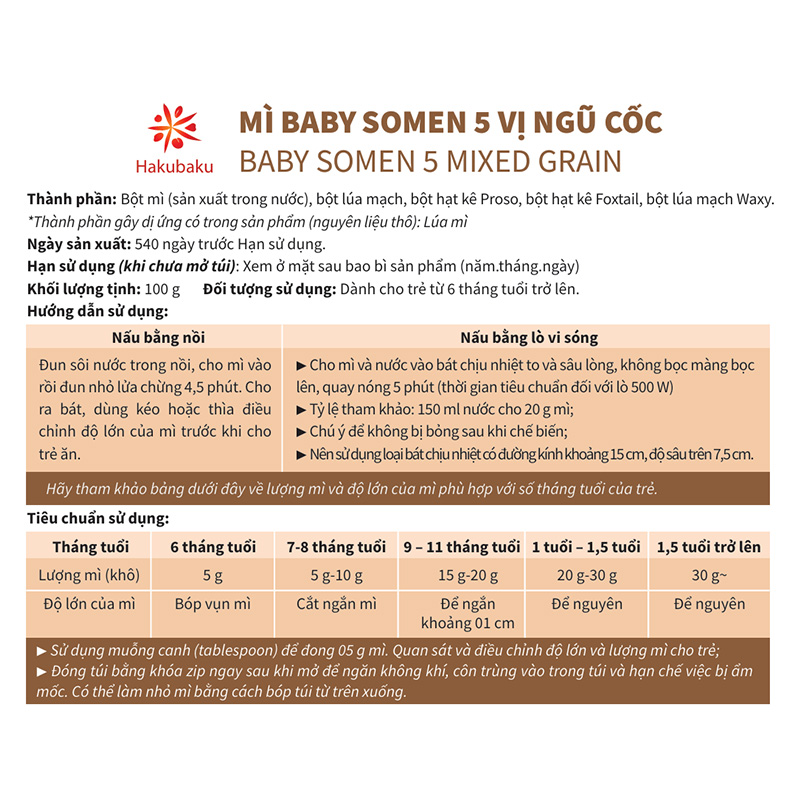 Mì somen ăn dặm 5 vị ngũ cốc Hakubaku 100g (từ 6 tháng) 5