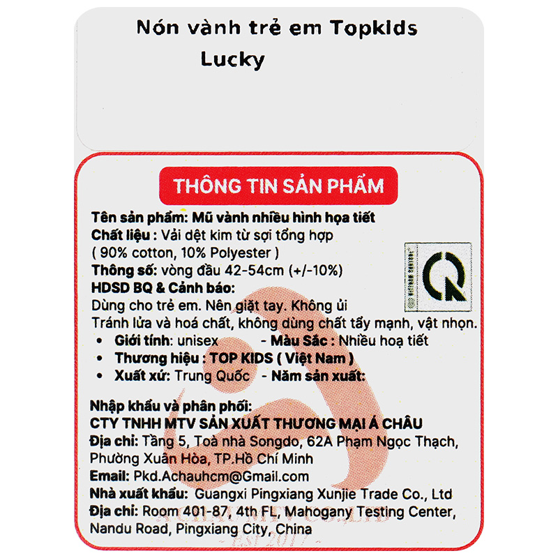 Nón vành cho bé TOP KIDS lucky màu hồng 17