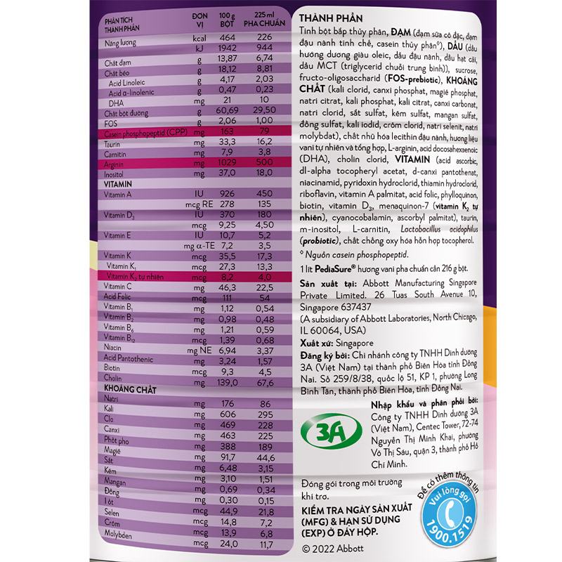 Combo 6 hộp sữa bột Abbott PediaSure BA hương vani 1.6 kg (1 - 10 tuổi) 22