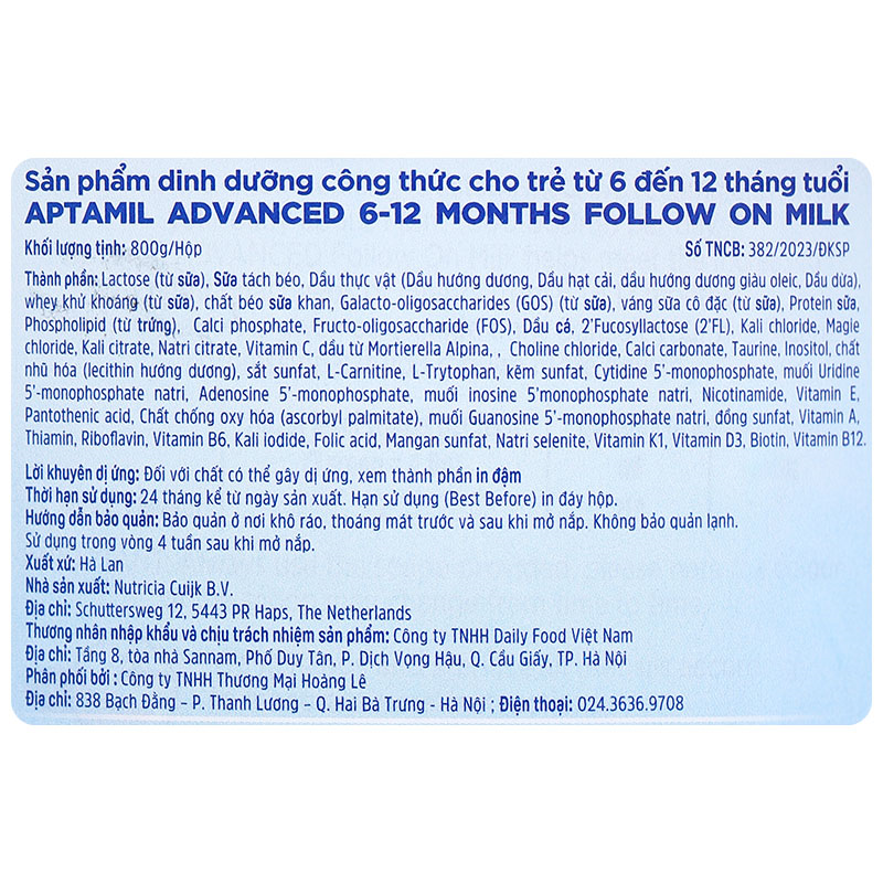 Combo 2 sữa bột Aptamil Anh Advanced số 2 800g (6 - 12 tháng) 6