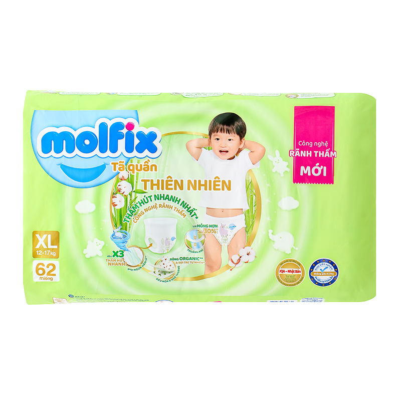 Combo 3 tã quần Molfix thiên nhiên size XL 62 miếng/bịch (12 - 17 kg) 3