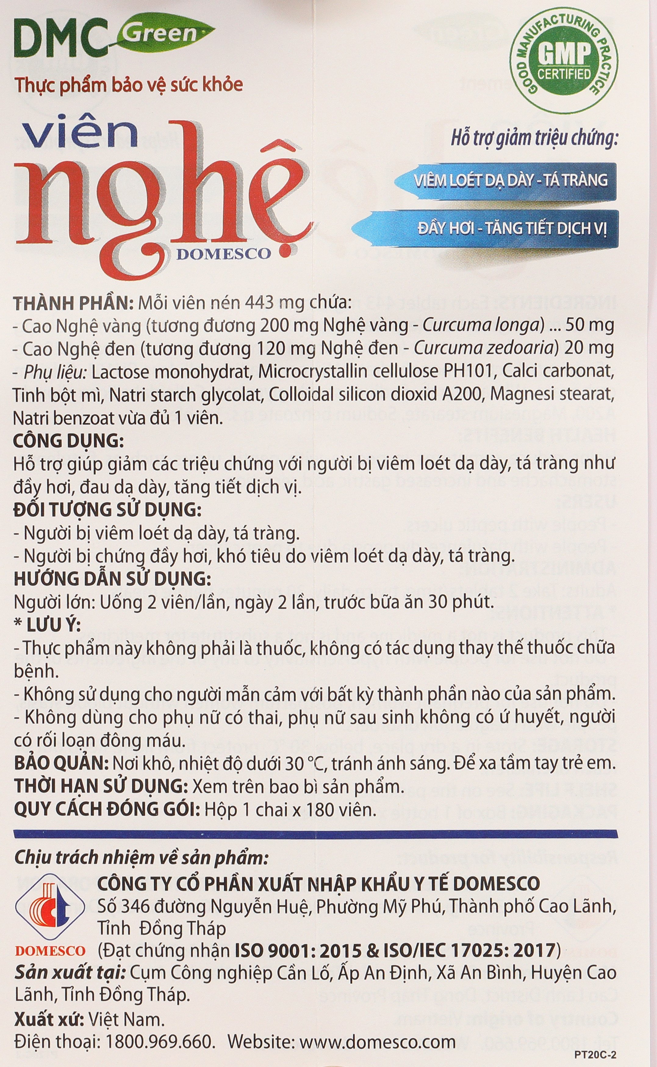 Viên Nghệ Domesco hỗ trợ giảm triệu chứng viêm loét dạ dày, tá tràng lọ 180 viên - 12