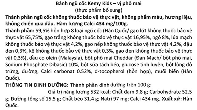 Bánh ăn dặm Kemy Kids vị phô mai hộp 40g (từ 8 tháng) - Thành phần