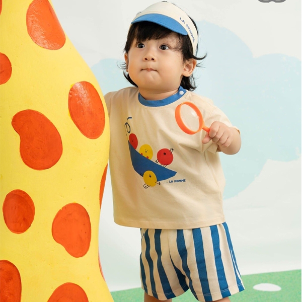 Bộ tay ngắn bé trai La Pomme đoàn nhà đậu vui chơi màu be - xanh dương - AVAKids.com