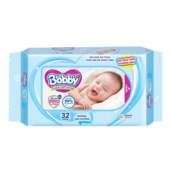 KHĂN ƯỚT BOBBY KHÔNG MÙI GÓI 32M - KM