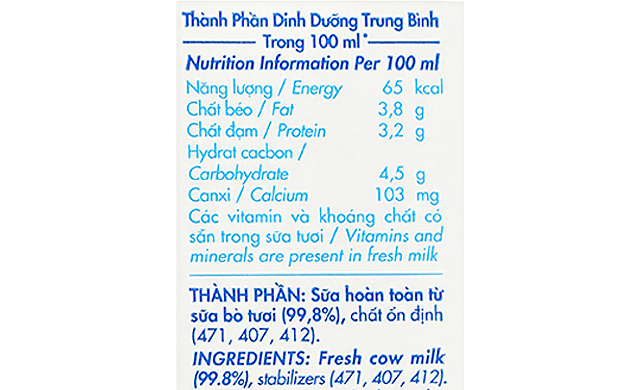 Thành phần Lốc 4 hộp sữa tươi tiệt trùng Dalat Milk không đường