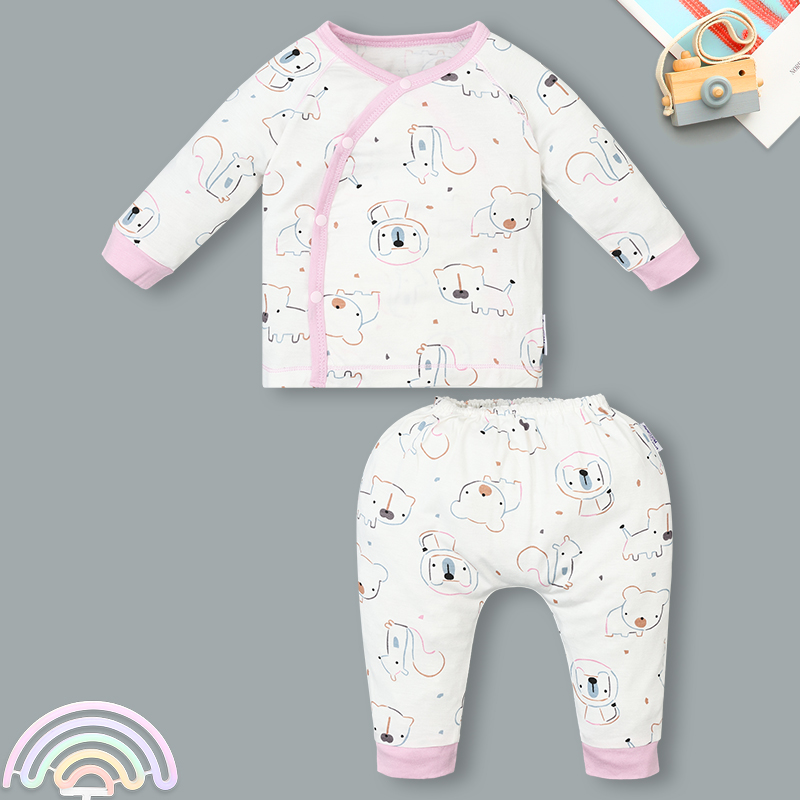 Set bộ tay dài sơ sinh cài chéo in hình thú BabyMommy màu trắng viền xanh 6