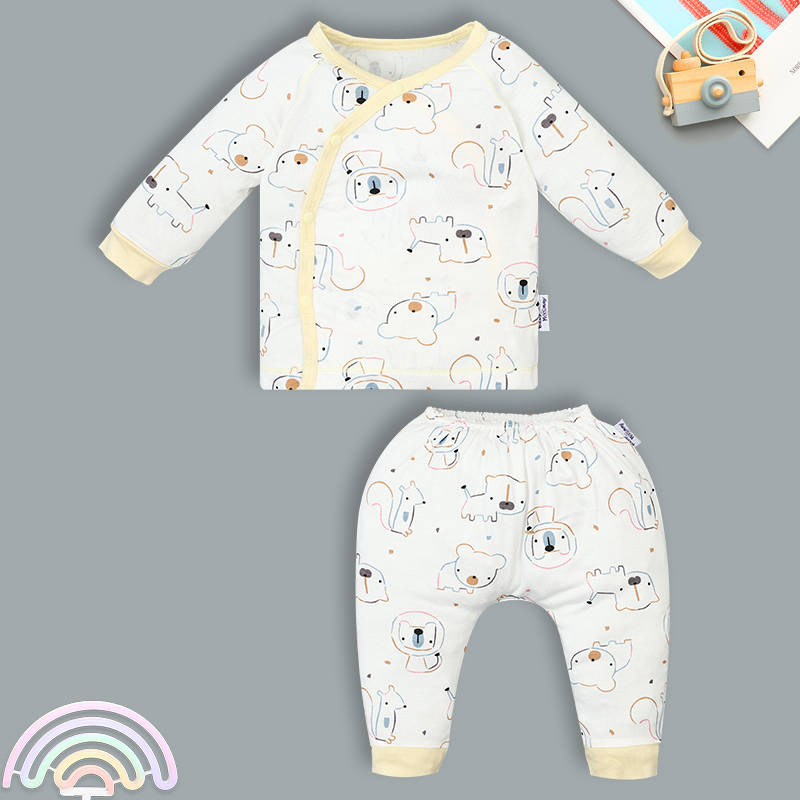 Set bộ tay dài sơ sinh cài chéo in hình thú BabyMommy màu trắng viền xanh 27