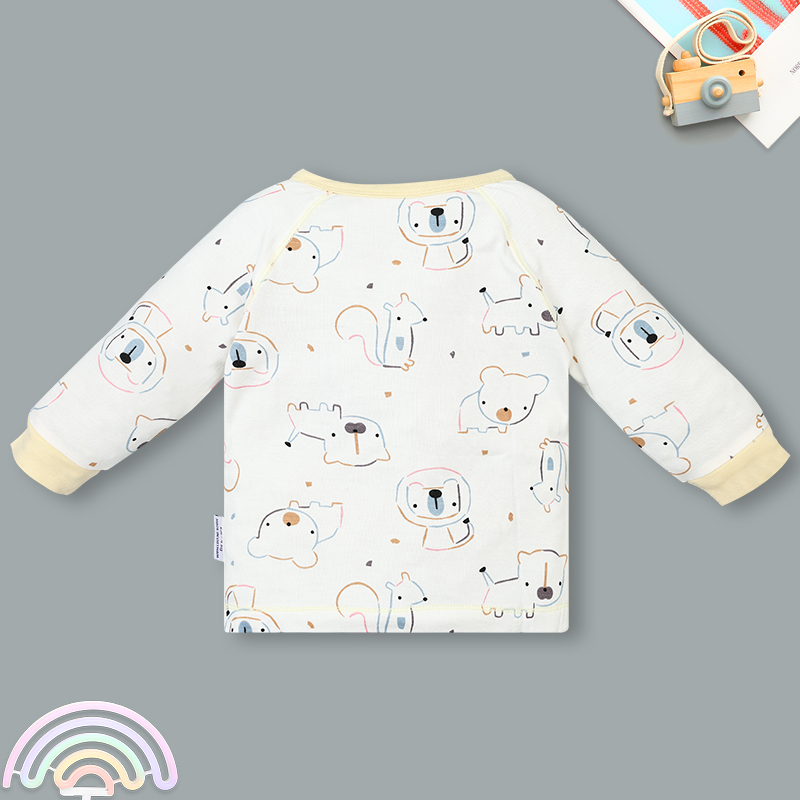 Set bộ tay dài sơ sinh cài chéo in hình thú BabyMommy màu trắng viền xanh 29