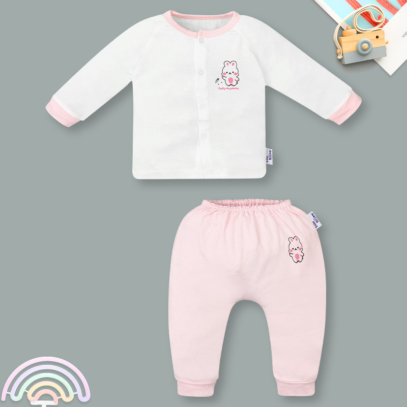 Set bộ tay dài sơ sinh cài giữa in thỏ BabyMommy màu trắng phối hồng 2