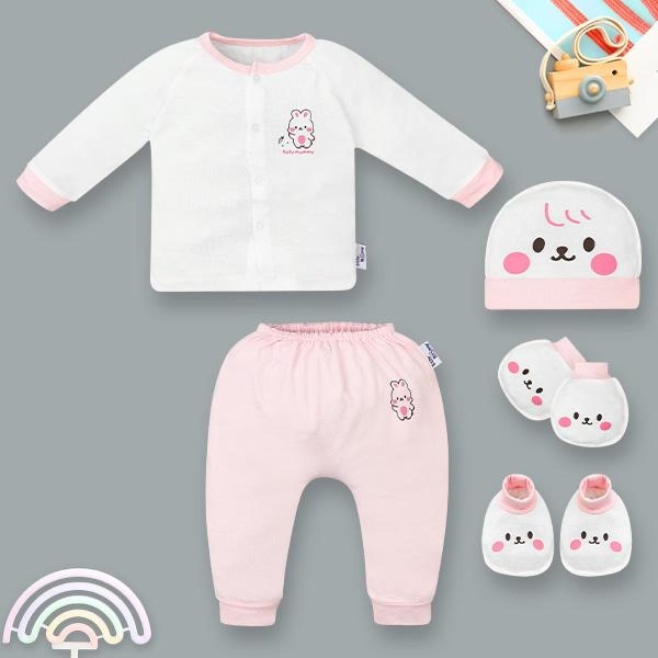 Set bộ tay dài sơ sinh cài giữa in thỏ BabyMommy màu trắng phối hồng - AVAKids.com