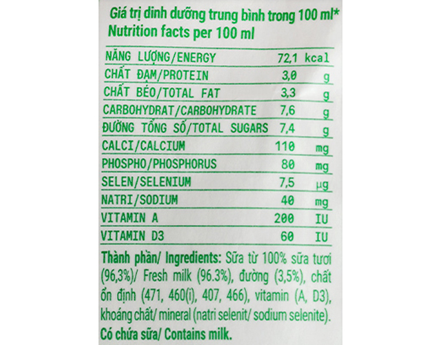 Sữa tươi tiệt trùng Vinamilk có đường - TPDD