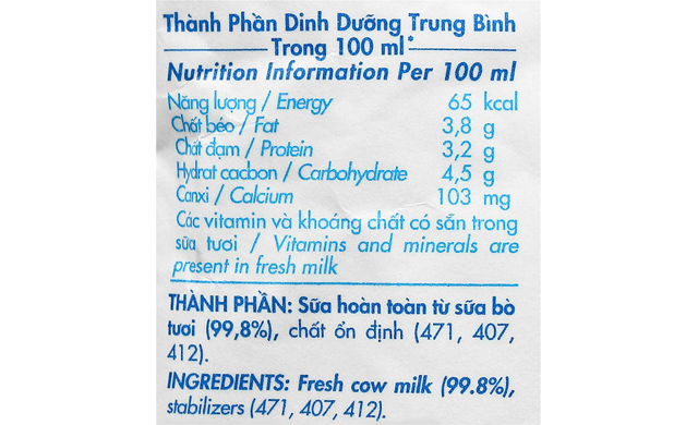Thành phần của Sữa tươi tiệt trùng Dalat Milk không đường