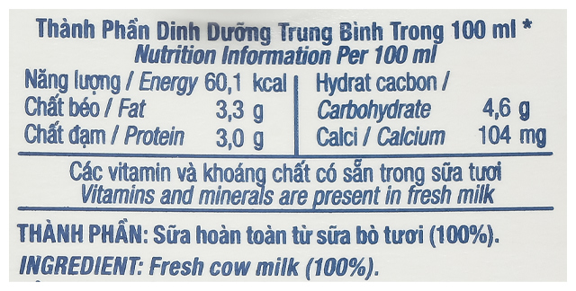 Thùng 48 hộp sữa tươi tiệt trùng TH true MILK không đường - Thành phần dinh dưỡng