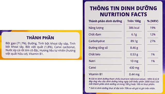 Bánh gạo ăn dặm BABY BOAT Thuyền Xưa vị việt quất hộp 32g - Thành phần dinh dưỡng