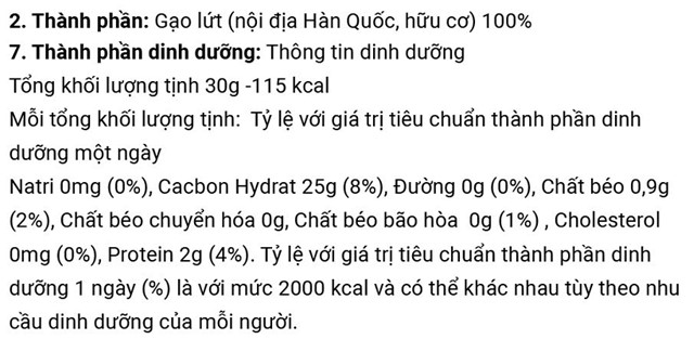 Thành phần bánh gạo lứt ăn dặm MOMSMI vị truyền thống