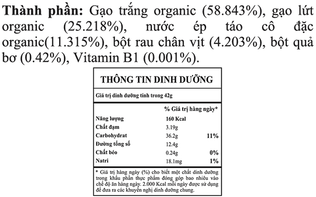 Bánh gạo ăn dặm NATUFOODIES PUFF vị bơ hộp 42g (từ 6 tháng) - Thành phần