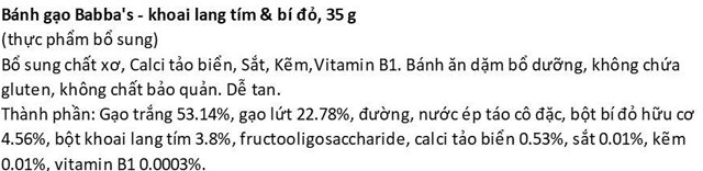 Thành phần bánh gạo ăn dặm Babba's Gold vị khoai lang, bí đỏ