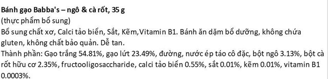 Thành phần bánh gạo ăn dặm Babba's Gold vị ngô, cà rốt