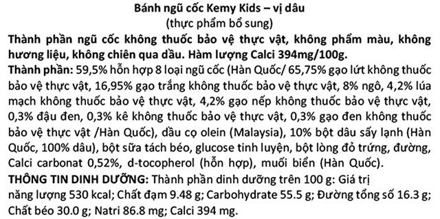 Thành phần bánh ngũ cốc ăn dặm Kemy Kids vị dâu