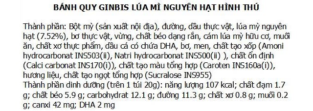 Thành phần bánh quy ăn dặm GinBis vị lúa mì nguyên hạt