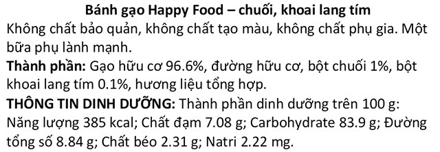 Thành phần bánh gạo bi tan ăn dặm Happy Food Organic vị chuối, khoai lang tím